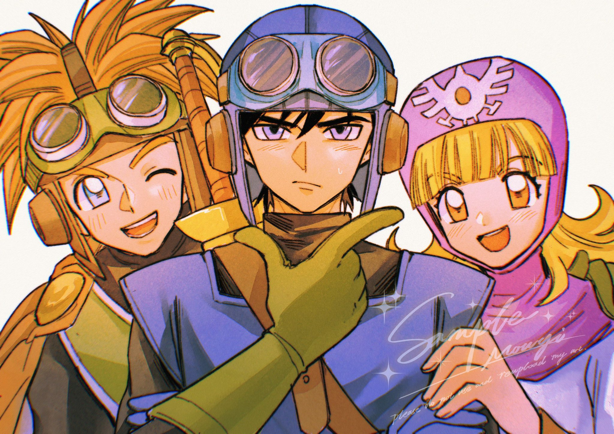 1girl 2boys :d aqua_hair black_bodysuit black_hair blonde_hair blue_eyes blue_gloves blue_hat blue_tunic blunt_bangs bodysuit cape commentary dragon_quest dragon_quest_ii gloves goggles goggles_on_headwear green_gloves green_tabard hand_on_another's_arm hand_on_another's_shoulder hat highres looking_at_viewer mouyi multiple_boys one_eye_closed open_mouth orange_cape orange_hair pink_eyes pink_hood prince_of_lorasia prince_of_samantoria princess_of_moonbrook robe sample_watermark smile spiked_hair sword sword_on_back symbol-only_commentary tabard tunic upper_body watermark weapon weapon_on_back white_background white_robe