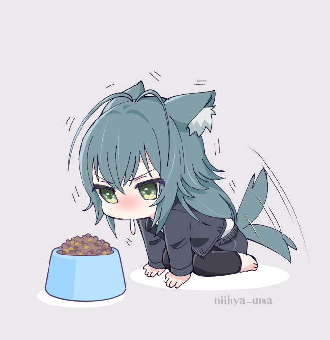 1girl all_fours animal_ear_fluff antenna_hair barefoot black_shirt black_shorts bowl chibi dog_girl drooling full_body gakuen_idolmaster green_eyes green_hair grey_background idolmaster kemonomimi_mode long_hair mopiwo motion_lines pet_bowl pet_food saliva shirt shorts simple_background solo tail tail_wagging tsukimura_temari twitter_username