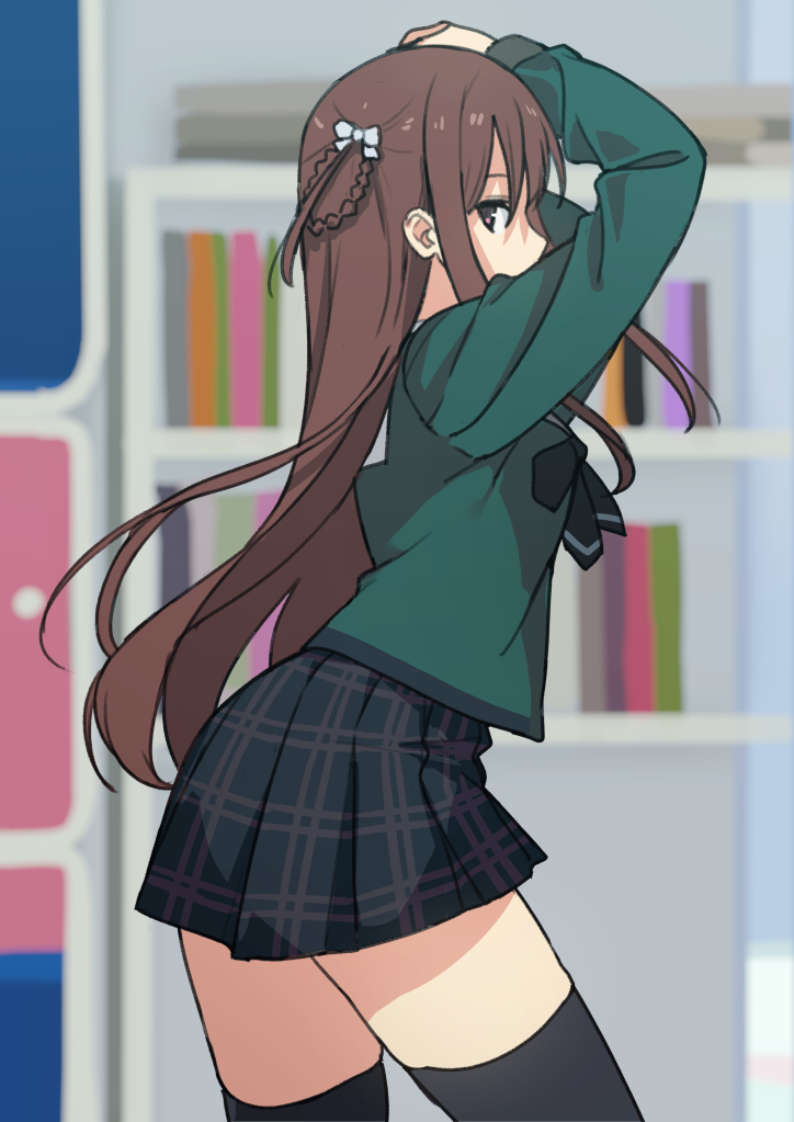 1girl 22/7 arms_up black_bow black_bowtie black_skirt black_thighhighs bow bowtie braid braided_hair_rings brown_eyes brown_hair cowboy_shot dancing from_side green_shirt hair_bow hair_rings indoors long_hair long_sleeves looking_to_the_side nagareboshi plaid_clothes plaid_skirt pleated_skirt rokubanchou_school_uniform school_uniform serafuku shirt sidelocks skirt solo tachikawa_ayaka thighhighs twin_braids two_side_up white_bow winter_uniform