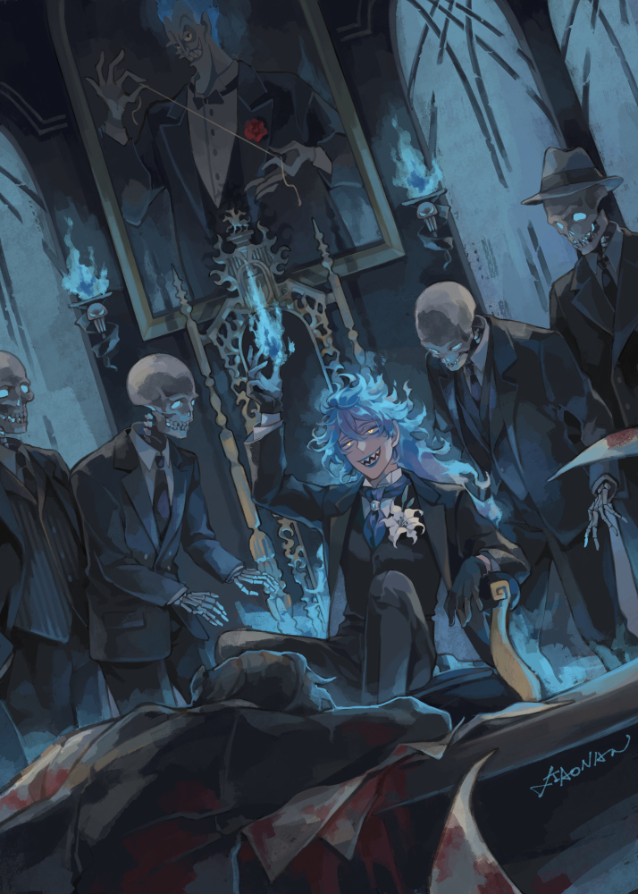 6+boys armor black_suit blood blue_fire blue_hair blue_theme chair corpse dutch_angle fiery_hair fire formal_clothes hades_(disney) hercules_(1997_film) idia_shroud indoors long_hair male_focus multiple_boys picture_frame pyrokinesis sharp_teeth sitting skeleton suit teeth twisted_wonderland vuls406 yellow_eyes