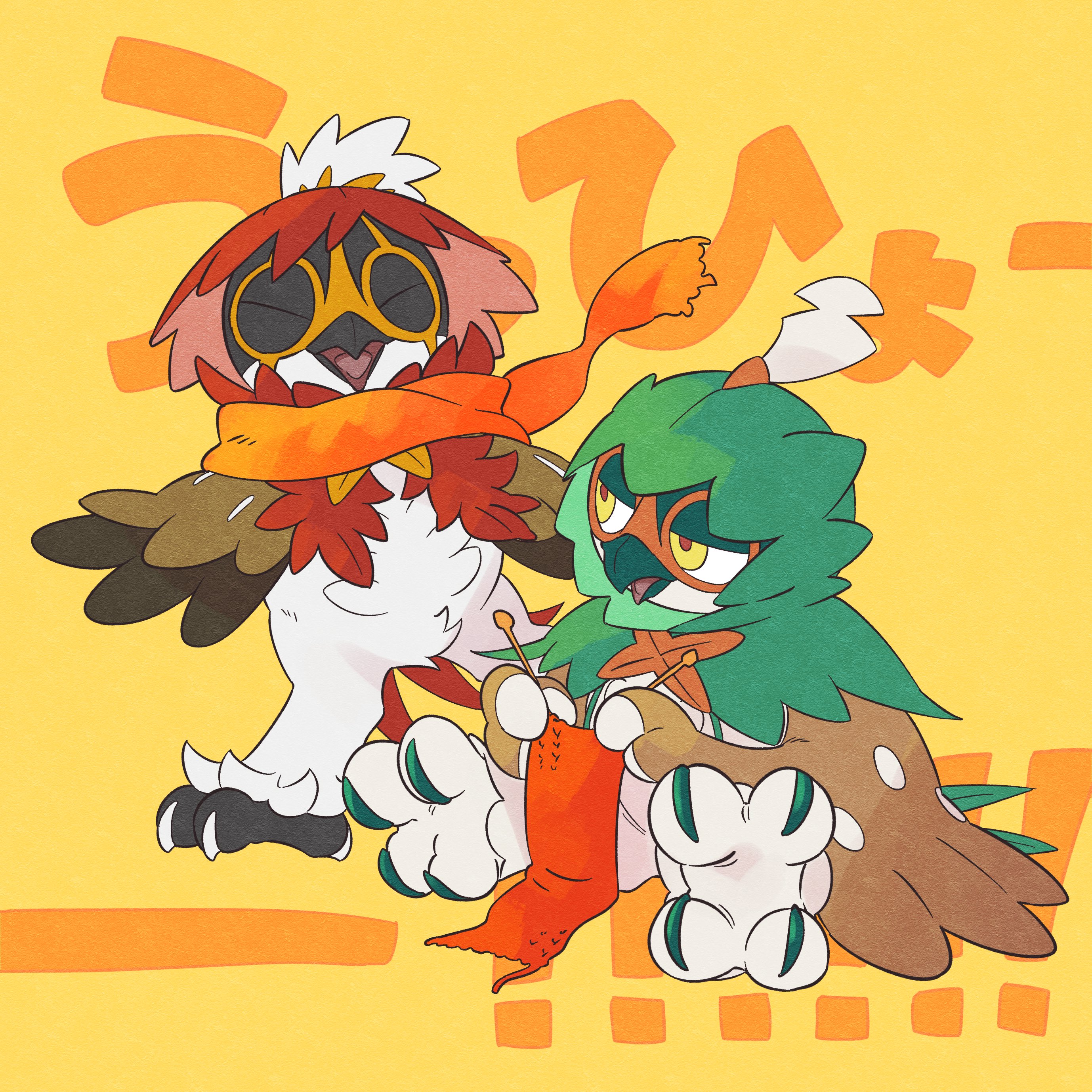 absurdres closed_eyes commentary_request decidueye gen_7_pokemon highres hisuian_decidueye holding_sewing_needle knitting nintendo no_humans open_mouth pkpokopoko3 pokemon pokemon_(creature) red_pupils sitting standing talons tongue white_fur yellow_background yellow_eyes