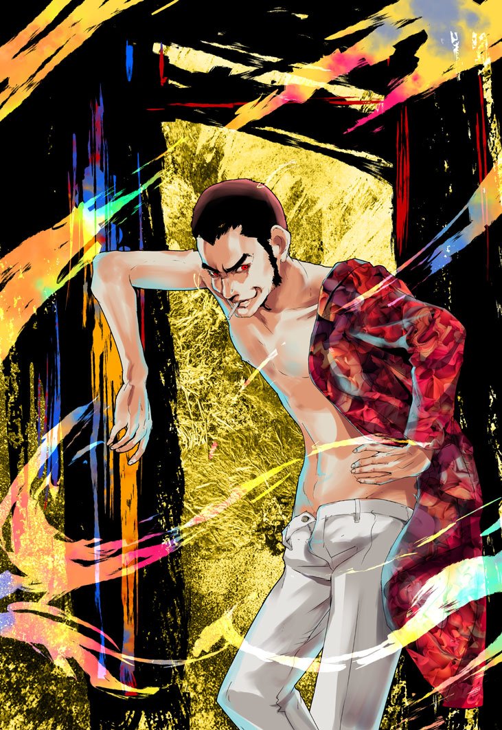 1boy arsene_lupin_iii black_hair blz cowboy_shot hand_on_own_hip long_sleeves looking_to_the_side lupin_iii navel off-shoulder_shirt off_shoulder open_fly pants red_eyes red_shirt shirt sideburns smirk smoking solo standing white_pants yellow_background