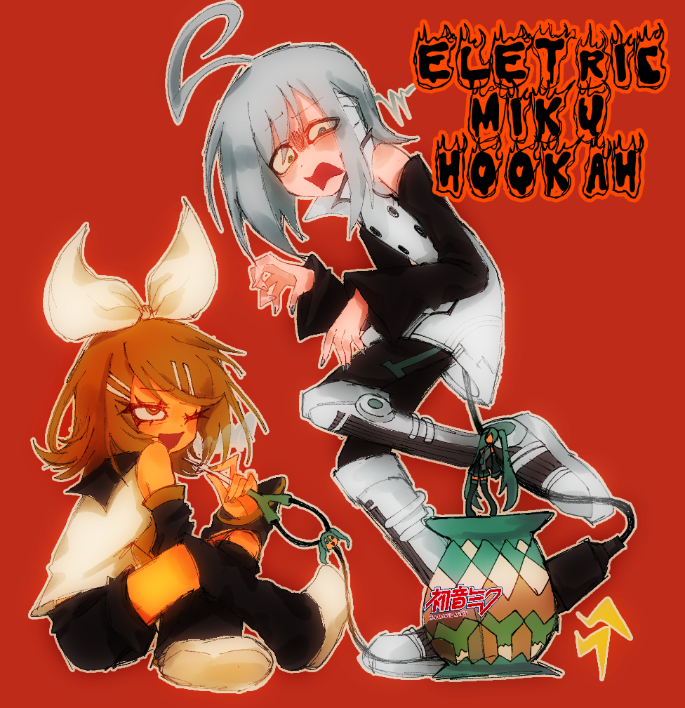 blonde_hair cable hair_ornament hairclip hatsune_miku heterochromia hookah kagamine_rin nail_polish non-web_source parallel_hairclips ribbon scared smoking utatane_piko vocaloid white_hair white_ribbon