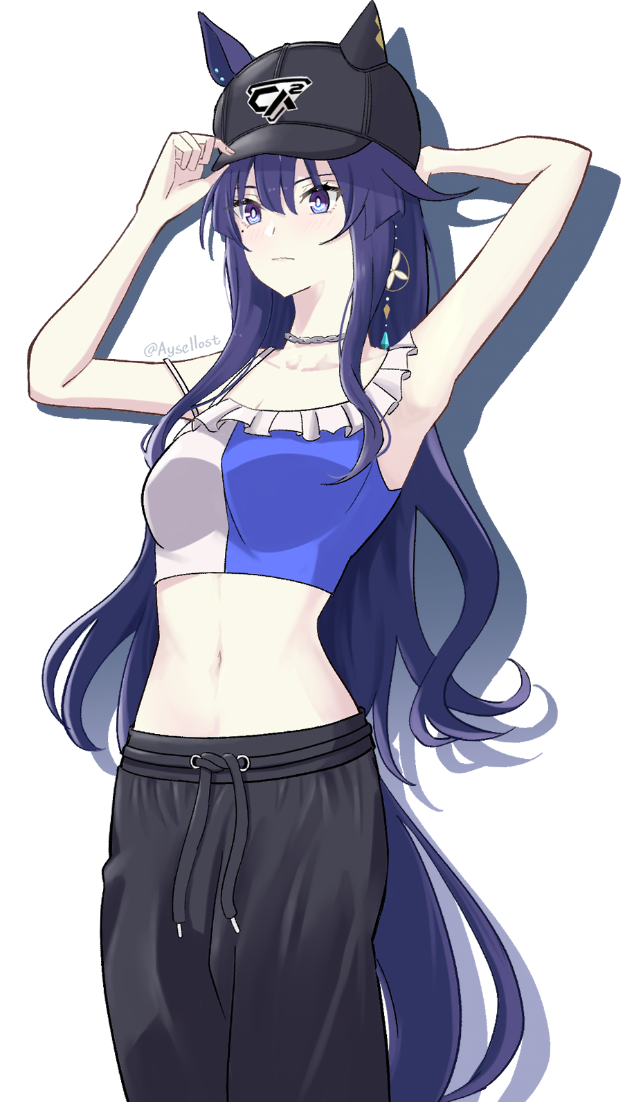 1girl animal_ears aysellost baseball_cap black_hat black_pants blue_eyes boc&#039;z_(umamusume) commentary ear_covers ears_through_headwear hat highres horse_ears horse_girl horse_tail long_hair midriff mole mole_under_eye navel official_alternate_costume pants pink_tube_top purple_hair simple_background single_ear_cover solo strapless tail tube_top twitter_username umamusume verxina_(boc&#039;z_we\n)_(umamusume) verxina_(umamusume) white_background