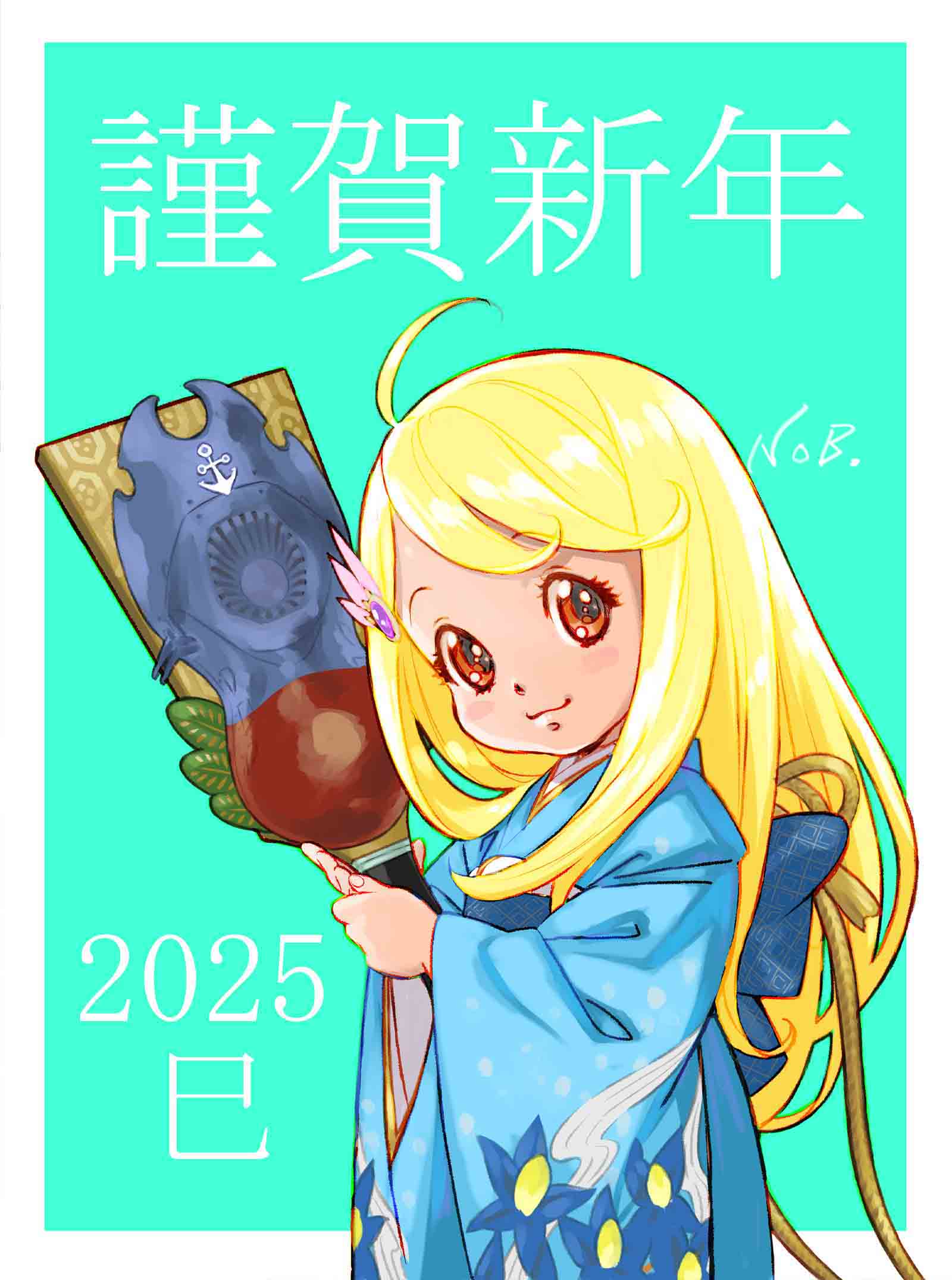 ahoge blonde_hair blue_kimono child floral_print floral_print_kimono hair_ornament hanetsuki highres japanese_clothes kimono kodai_sasha looking_at_viewer print_kimono smile uchuu_senkan_yamato yamato_(uchuu_senkan_yamato) yuuki_nobuteru