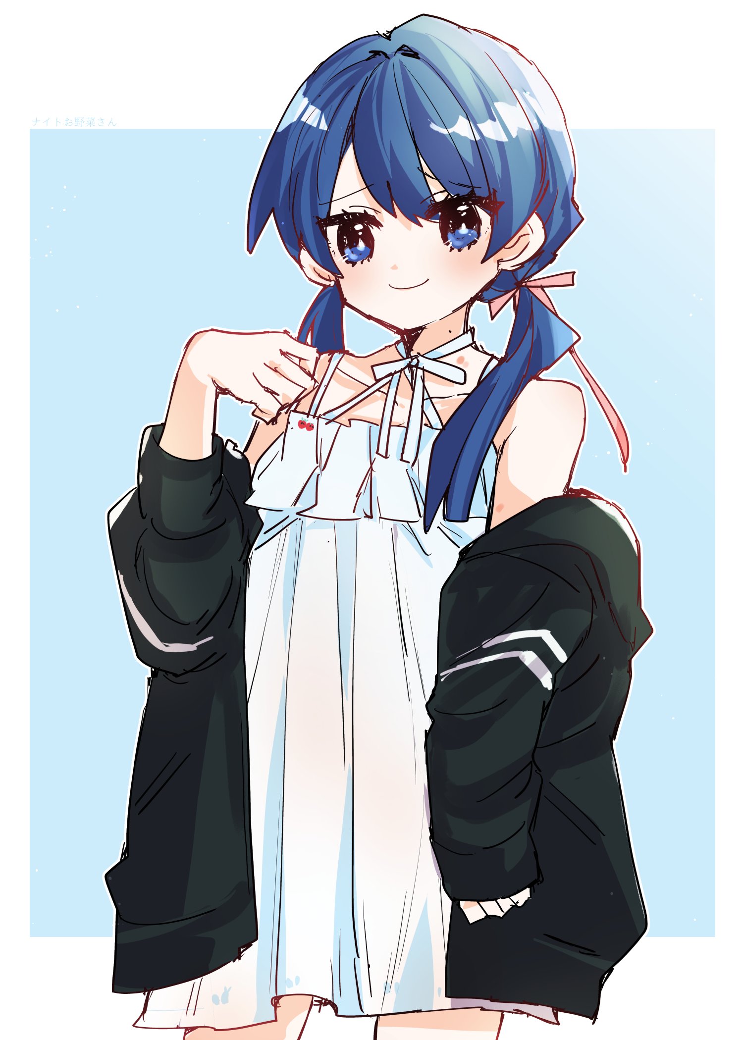 1girl bare_shoulders black_jacket blue_background blue_eyes blue_hair blush border closed_mouth collarbone commentary_request cowboy_shot criss-cross_halter hair_ribbon halterneck highres jacket jacket_partially_removed kanduki_kamibukuro link!_like!_love_live! looking_at_viewer love_live! low_twintails mole mole_on_neck murano_sayaka nightgown off_shoulder outside_border pink_ribbon ribbon simple_background single_sleeve_past_wrist sleeve_pushed_up sleeveless smile solo standing twintails virtual_youtuber white_border white_nightgown yugiri_tsuzuri yugiri_tsuzuri_(summer_loungewear)