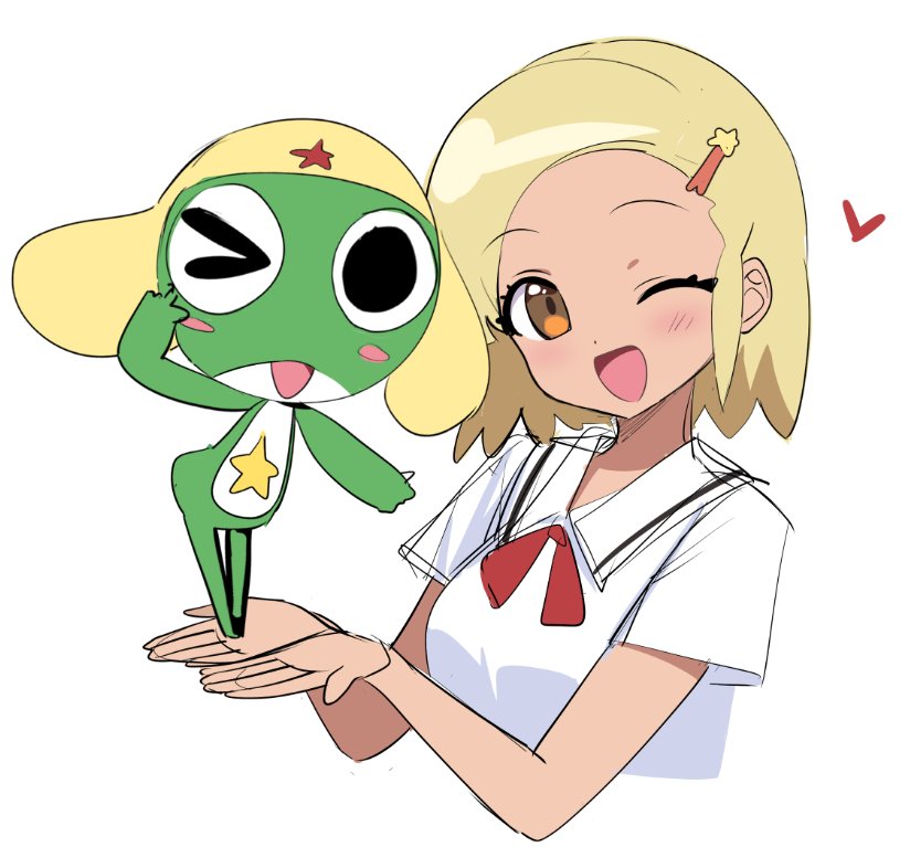 1boy 1girl ;d angol_mois blonde_hair brown_eyes dark_skin deadnooodles gyaru hair_ornament hairclip heart keroro keroro_gunsou one_eye_closed open_mouth red_ribbon ribbon school_uniform sketch smile star_(symbol) tagme