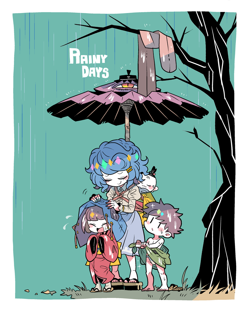 1boy 2girls bare_tree blue_hair blue_nails blue_skirt blue_vest brown_hair closed_mouth commentary_request drying drying_another&#039;s_hair drying_hair english_text full_body fundoshi geta green_background green_kimono hair_ornament hairclip japanese_clothes juliet_sleeves karakasa_obake kimono long_sleeves multiple_girls nail_polish oil-paper_umbrella open_mouth outdoors puffy_sleeves purple_umbrella rain red_nails sandals shirt short_hair skirt smile tabi tatara_kogasa tongue_hold touhou tree umbrella unworn_vest vest wavy_hair white_footwear white_shirt wiping wringing_clothes yellow_kimono yt_(wai-tei) zouri