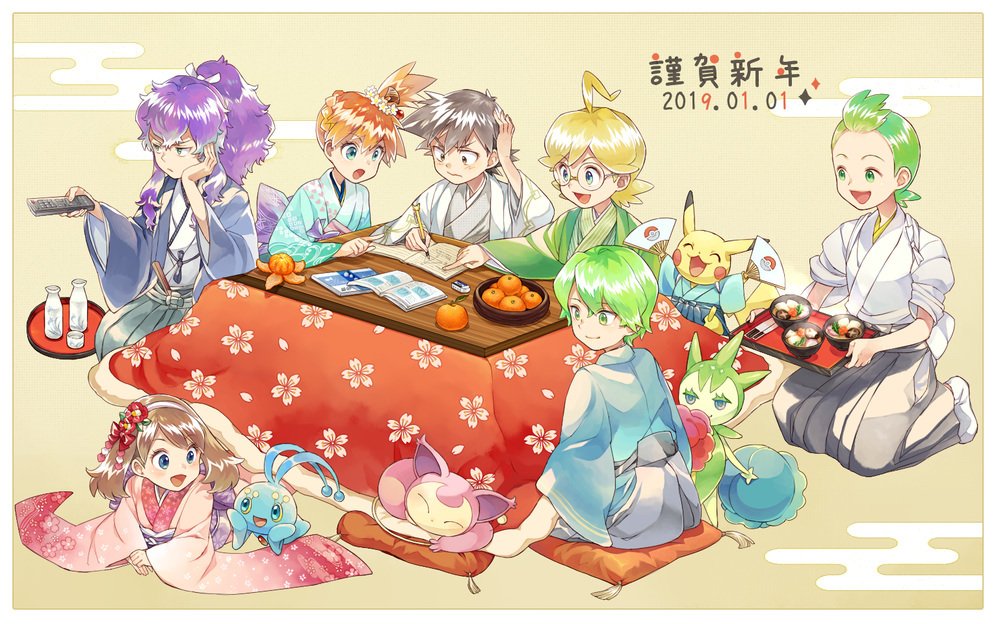 2girls 5boys ahoge alternate_costume ash_ketchum blonde_hair blue_eyes book bottle cilan_(pokemon) clemont_(pokemon) closed_mouth commentary_request controller cushion dated drew_(pokemon) eyelashes gen_1_pokemon gen_3_pokemon gen_4_pokemon glasses green_eyes green_hair hand_on_own_cheek hand_on_own_face harley_(pokemon) holding holding_pencil legendary_pokemon long_hair manaphy may_(pokemon) misty_(pokemon) multiple_boys multiple_girls mythical_pokemon nintendo open_mouth orange_hair pencil pikachu pokemon pokemon_(anime) pokemon_(classic_anime) pokemon_(creature) pokemon_bw_(anime) pokemon_rse_(anime) pokemon_xy_(anime) purple_hair remote_control roselia_(pokemon) sasairebun sitting skitty smile socks tongue translation_request tray white_legwear writing