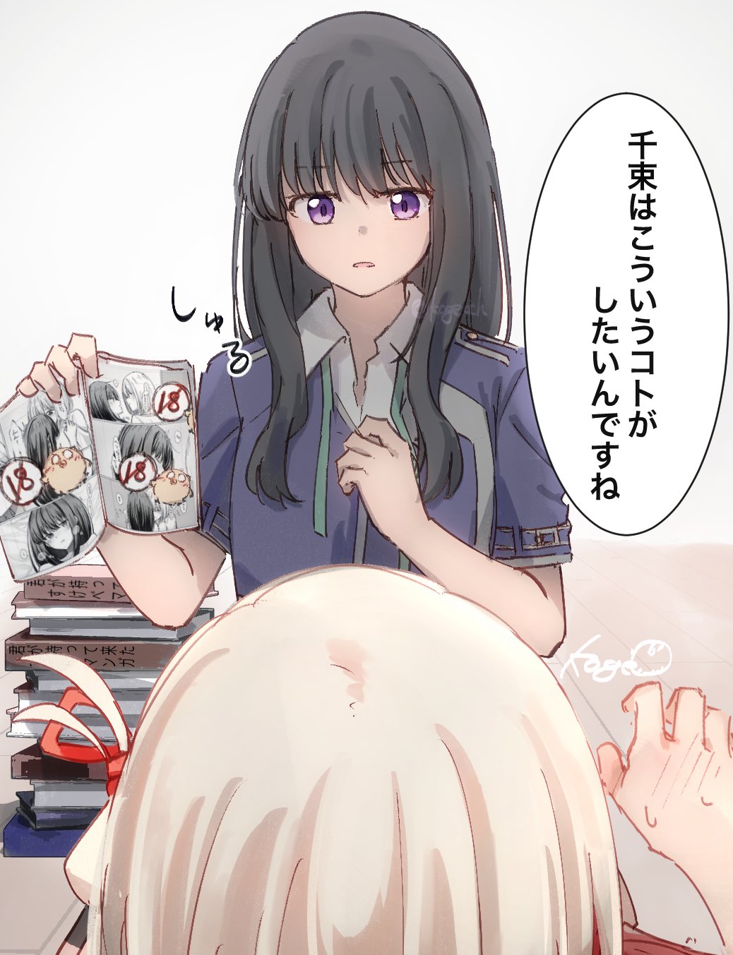 2girls black_hair blonde_hair blue_dress book book_stack commentary_request content_rating dress hair_ribbon hand_blush highres holding holding_book inoue_takina kage_ochi lycoris_recoil multiple_girls nishikigi_chisato one_side_up parted_lips pornography purple_eyes red_ribbon ribbon shirt short_sleeves speech_bubble sweat translation_request undressing white_shirt yuri yuri_(object)