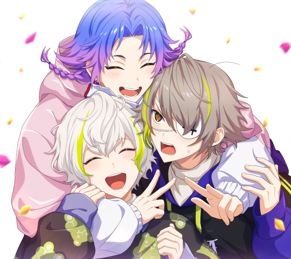 18trip 3boys annoyed arms_around_neck bishounen confetti double_v group_hug hand_on_another&#039;s_arm hanzou_(naruco174) happy hug looking_at_another male_focus motion_blur multiple_boys open_mouth shiramitsu_ryui shiramitsu_toi simple_background sweatdrop teeth tongue v white_background yowa_netaro