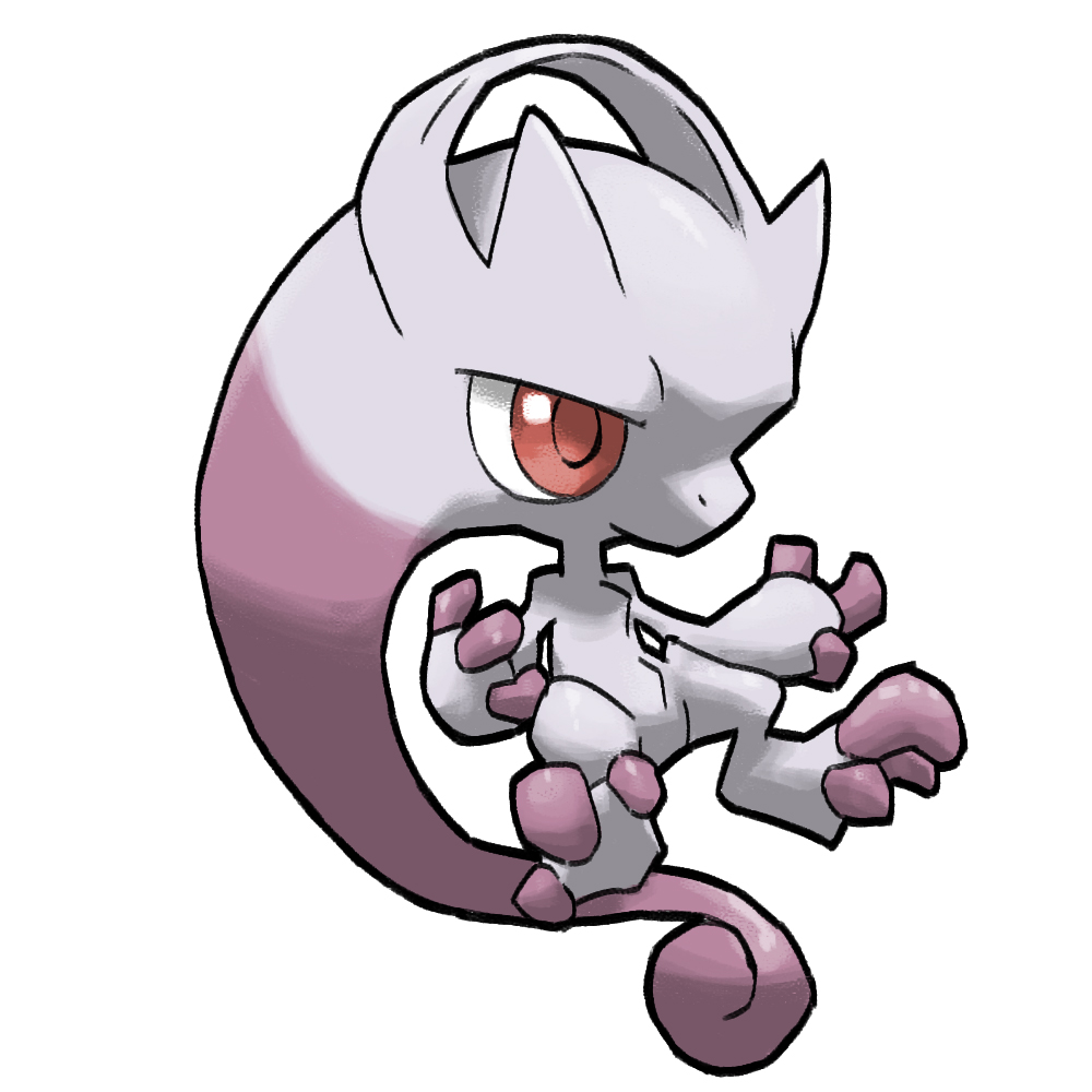 blacknirrow chibi closed_mouth full_body gen_1_pokemon legendary_pokemon mega_mewtwo_y mega_pokemon mewtwo nintendo no_humans pokemon pokemon_(creature) red_eyes simple_background solo white_background
