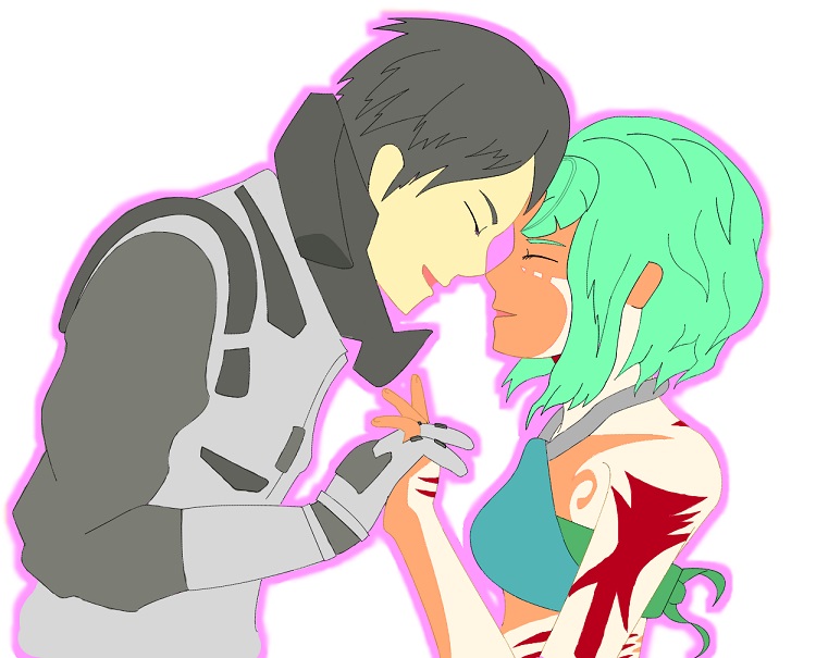 1boy 1girl antennae blue_hair blush bodypaint bodysuit breasts bug closed_eyes couple dark_skin godzilla:_city_on_the_edge_of_battle godzilla:_planet_of_the_monsters godzilla:_the_planet_eater godzilla_(series) green_hair houtua maina military military_uniform monster_girl pale_skin polygon_pictures sakaki_haruo small_breasts smile spacesuit syukorex tactical_clothes tattoo toho tribal tribal_tattoo