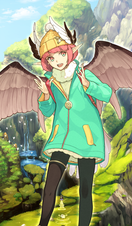 1girl beanie bird black_pantyhose blue_sky brown_feathers circe_(fate) circe_(traveling_outfit)_(fate) cloud coat commentary day dress fate/grand_order fate_(series) feathered_wings feathers feet_out_of_frame fur-trimmed_dress fur_trim gold_thighlet grass green_coat green_eyes hands_up hat hat_feather hidari_(left_side) holding_strap jewelry knit_hat long_sleeves mini_nobu_(fate) multicolored_eyes oda_nobunaga_(fate) official_art open_mouth orange_eyes orange_hair outdoors pantyhose partially_unzipped pointy_ears pom_pom_(clothes) pom_pom_beanie short_dress short_hair sky smile solo standing sunlight teeth thighlet third-party_source two-tone_eyes ufo upper_teeth_only water waterfall white_dress white_feathers wings yellow_hat