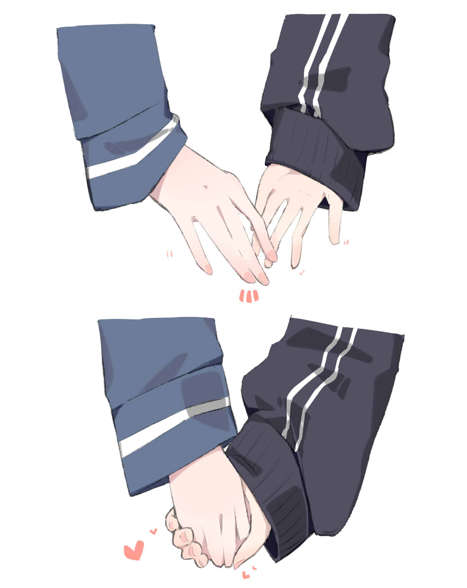 2girls blue_archive commentary_request disembodied_hand hand_focus heart holding_hands kazusa_(blue_archive) long_sleeves multiple_girls negu_(pixiv_6519140) reisa_(blue_archive) simple_background sleeves_past_wrists white_background yuri