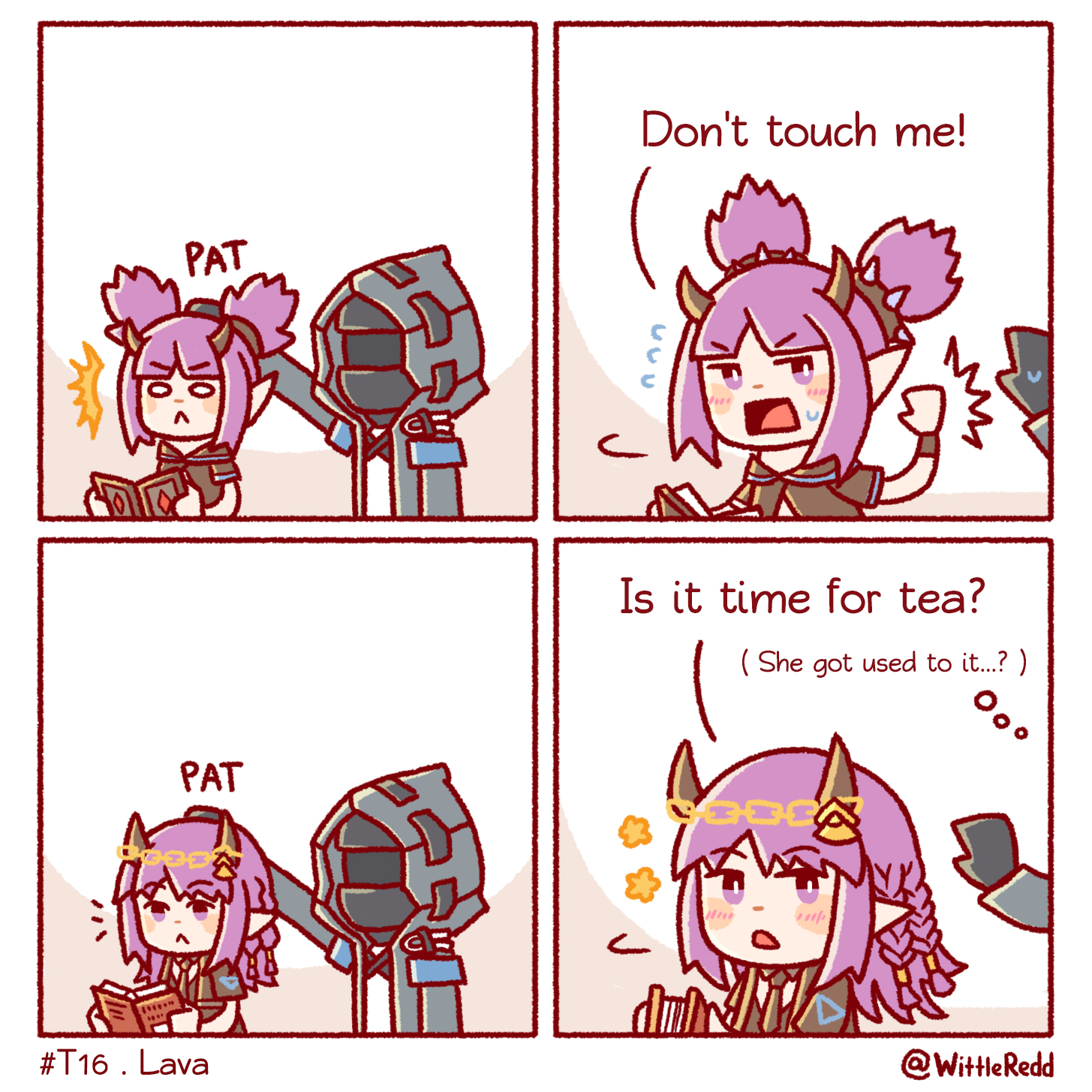 1girl 1other 4koma :< ambiguous_gender arknights black_coat black_jacket black_necktie black_shirt book chibi coat comic commentary demon_horns doctor_(arknights) dragon_horns english_commentary english_text headpat helm helmet highres hood hood_up hooded_coat hooded_jacket horns jacket lava_(arknights) lava_the_purgatory_(arknights) long_hair necktie open_mouth pointy_ears purple_eyes purple_hair reading shirt short_sleeves swatting sweatdrop twintails twitter_username wittle_red