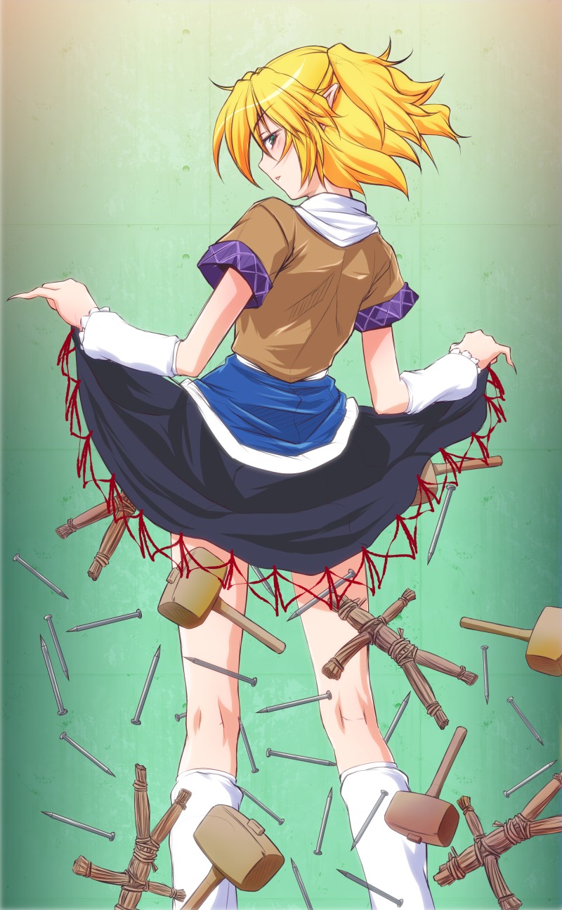 1girl arm_warmers bad_id bad_pixiv_id bakemonogatari clothes_lift dress dress_lift female_focus fingernails from_behind green_eyes half_updo hammer highres kneepits long_fingernails looking_back mizuhashi_parsee monogatari_(series) nail_(hardware) ootsuki_wataru parody pointy_ears senjougahara_pose sharp_fingernails short_hair skirt skirt_lift solo straw_doll touhou white_legwear