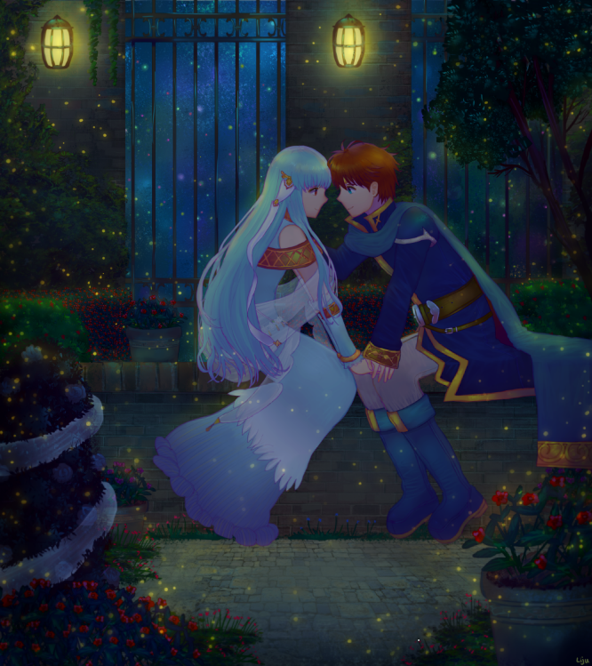 1boy 1girl aqua_dress aqua_hair bad_id bad_twitter_id belt blue_cape blue_eyes blue_footwear blue_hair boots cape closed_mouth couple dark detached_sleeves dress eliwood_(fire_emblem) eye_contact face-to-face fire_emblem fire_emblem:_the_blazing_blade fireflies flower full_body garden hair_ornament hetero holding holding_hands indoors lamp light_blue_hair lijupy long_dress long_hair long_sleeves looking_at_another night ninian_(fire_emblem) nintendo outdoors red_eyes red_hair short_hair sitting sleeveless sleeveless_dress smile veil