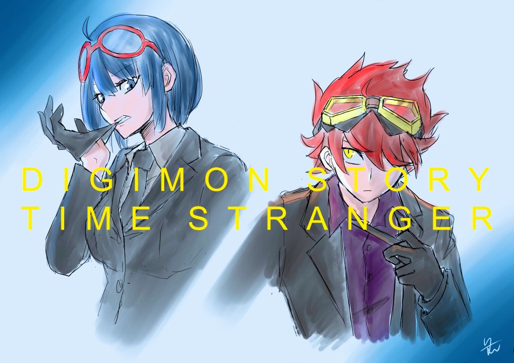 1boy 1girl adjusting_clothes adjusting_gloves adjusting_necktie black_jacket black_necktie blue_eyes blue_hair breasts brother_and_sister digimon digimon_story:_time_stranger eyewear_on_head gloves goggles goggles_on_head jacket medium_breasts mouth_hold necktie official_alternate_costume red_hair ryo_n7dgmn siblings upper_body yellow_eyes yuuki_dan yuuki_kanan