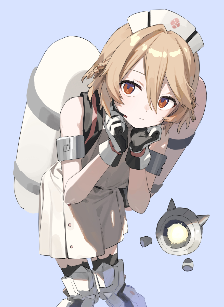 1girl ahoge arm_cuffs blonde_hair braid commentary_request dress expressionless feet_out_of_frame gloves hair_between_eyes hat highres hitogome metal_arm_cuffs non-humanoid_robot nurse nurse_cap nurse_robot_type_t orange_eyes parted_bangs robot short_hair side_braids simple_background sleeveless solo tank_(container) utau white_dress