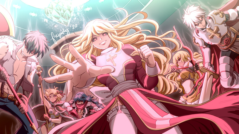 3boys 3girls armor arrow_(projectile) assassin_cross_(ragnarok_online) aura axe bio_lab black_sclera black_shirt blonde_hair blue_hair blue_pants blunt_bangs bow_(weapon) breastplate breasts brown_cape cape cecil_damon colored_sclera commentary cowboy_shot crop_top cross cross_of_prontera dagger drawing_bow dress english_commentary eremes_guile freyady frilled_thigh_strap fur-trimmed_cape fur-trimmed_shirt fur-trimmed_shorts fur_trim garter_straps glowing glowing_eyes grey_hair grin hair_ribbon high_priest_(ragnarok_online) high_wizard_(ragnarok_online) holding holding_axe holding_bow_(weapon) holding_dagger holding_knife holding_staff holding_sword holding_weapon howard_alt-eisen indoors jamadhar juliet_sleeves kathryne_keyron knife leg_armor long_hair long_sleeves looking_at_viewer lord_knight_(ragnarok_online) margaretha_sorin medium_breasts midriff multiple_boys multiple_girls navel open_clothes open_shirt pants pauldrons puffy_sleeves ragnarok_online red_cape red_dress red_eyes red_ribbon red_scarf ribbon sash scarf seyren_windsor shirt short_hair shorts shoulder_armor sleeveless sleeveless_shirt smile sniper_(ragnarok_online) staff suspenders sword thigh_strap thighhighs two-tone_dress weapon white_dress white_hair white_sash white_shirt white_thighhighs whitesmith_(ragnarok_online) yellow_shirt yellow_shorts
