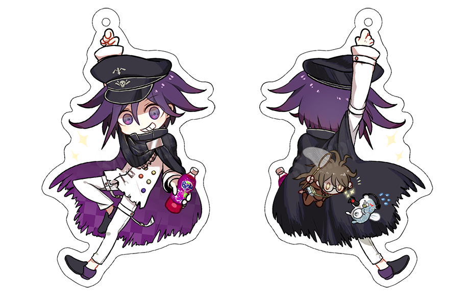 2boys black_cape bottle brand_name_imitation brown_hair brown_suit bug_cage butterfly_net buttons cape charm_(medium) checkered_clothes checkered_scarf chibi commentary_request danganronpa_(series) danganronpa_v3:_killing_harmony fanta flipped_hair formal_clothes glasses gokuhara_gonta hair_between_eyes hand_net hat holding holding_bottle jacket long_hair long_sleeves looking_at_viewer male_focus medium_hair messy_hair multicolored_buttons multiple_boys oma_kokichi pants peaked_cap purple_eyes purple_hair ringed_eyes scarf simple_background soda_bottle suit teeth thigh_strap torn_cape torn_clothes two-tone_scarf white_background yunxd