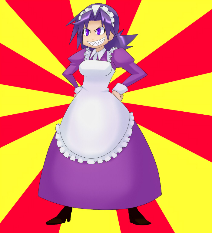 1girl evil_grin evil_smile female_focus full_body futaba_channel grin hands_on_own_hips macedonian_flag maid maid_headdress matching_hair/eyes nijiura_maids purple_eyes purple_hair sagagaga sharp_teeth smile solo standing sunburst teeth uzai