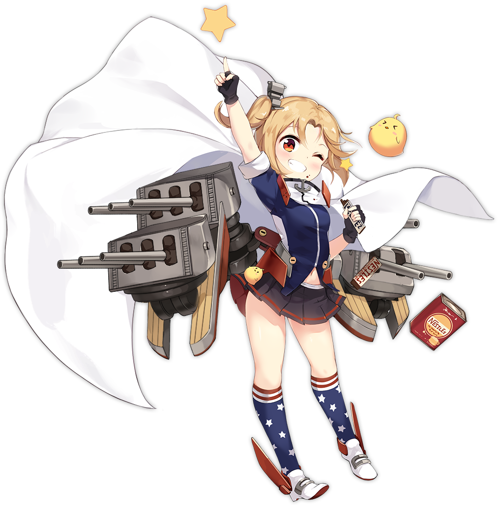 1girl ;d aged_down alisa_(kuro_no_sakura) arm_up azur_lane baby_animal bird black_gloves black_skirt blue_shirt blue_socks breasts brown_hair candy cape chick chocolate chocolate_bar clevelad_(azur_lane) cleveland_(azur_lane) fingerless_gloves food full_body gloves grin holding holding_food kneehighs looking_at_viewer machinery manjuu_(azur_lane) miniskirt navel nestle official_art one_eye_closed open_mouth pleated_skirt red_eyes rudder_footwear ship_turret shirt shoes skirt small_breasts smile socks star_(symbol) star_print thighs transparent_background white_cape white_footwear