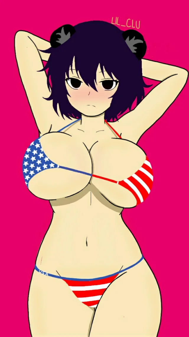 1girl american_flag american_flag_bikini american_flag_print animal_ears apandah_(youtube) armpits arms_up artist_name artist_request bare_shoulders bear_ears bikini black_eyes black_hair blush breasts cleavage closed_mouth collarbone eyelashes flag_print flag_print_bikini genderswap genderswap_(mtf) gluteal_fold groin hair_between_eyes huge_breasts large_breasts looking_at_viewer navel panda panda_ears pink_background print_bikini raised_eyebrows short_hair simple_background stomach swimsuit youtube
