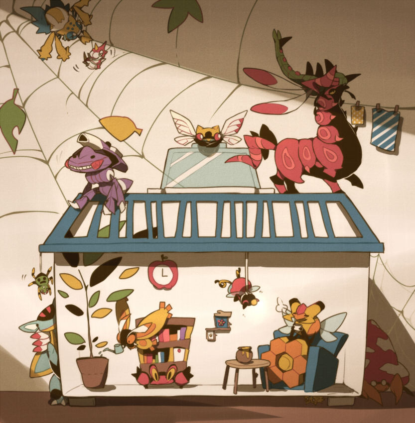 10s armaldo bad_id bad_pixiv_id bookshelf bug creature crustle galvantula gen_1_pokemon gen_2_pokemon gen_3_pokemon gen_4_pokemon gen_5_pokemon genesect house joltik leaf legendary_pokemon mothim mythical_pokemon ninjask nintendo no_humans parasect plant pokemon pokemon_(creature) pokemon_bw pokoten_(pokoten718) scolipede silk spider_web spinarak vespiquen volbeat watch watering_can wurmple yanmega
