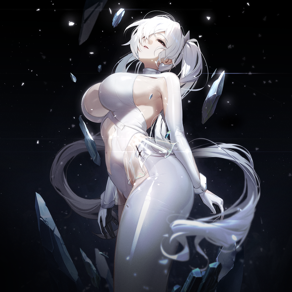 artist_request black_background breasts cinderella_(nikke) debris game_cg gloves goddess_of_victory:_nikke half-closed_eyes long_hair one_eye_covered shiny_clothes sideboob sidelocks spoilers thick_thighs thighs third-party_source twintails
