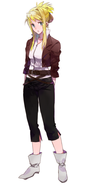 1girl :o arms_behind_back belt black_pants blonde_hair blue_eyes boots brown_belt conqueror_of_shambala earrings expressionless female_focus full_body fullmetal_alchemist jacket jewelry long_sleeves looking_away pants riru shirt simple_background solo standing white_background white_boots white_shirt winry_rockbell