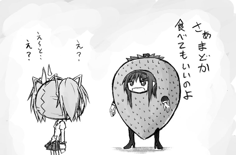 10s 2girls ^^^ akemi_homura akemi_homura_(magical_girl) bad_id bad_pixiv_id costume greyscale high_heels kaname_madoka magical_girl mahou_shoujo_madoka_magica mahou_shoujo_madoka_magica_(anime) monochrome multiple_girls pantyhose school_uniform short_sleeves short_twintails standing strawberry_costume surprised translation_request twintails yukimizu