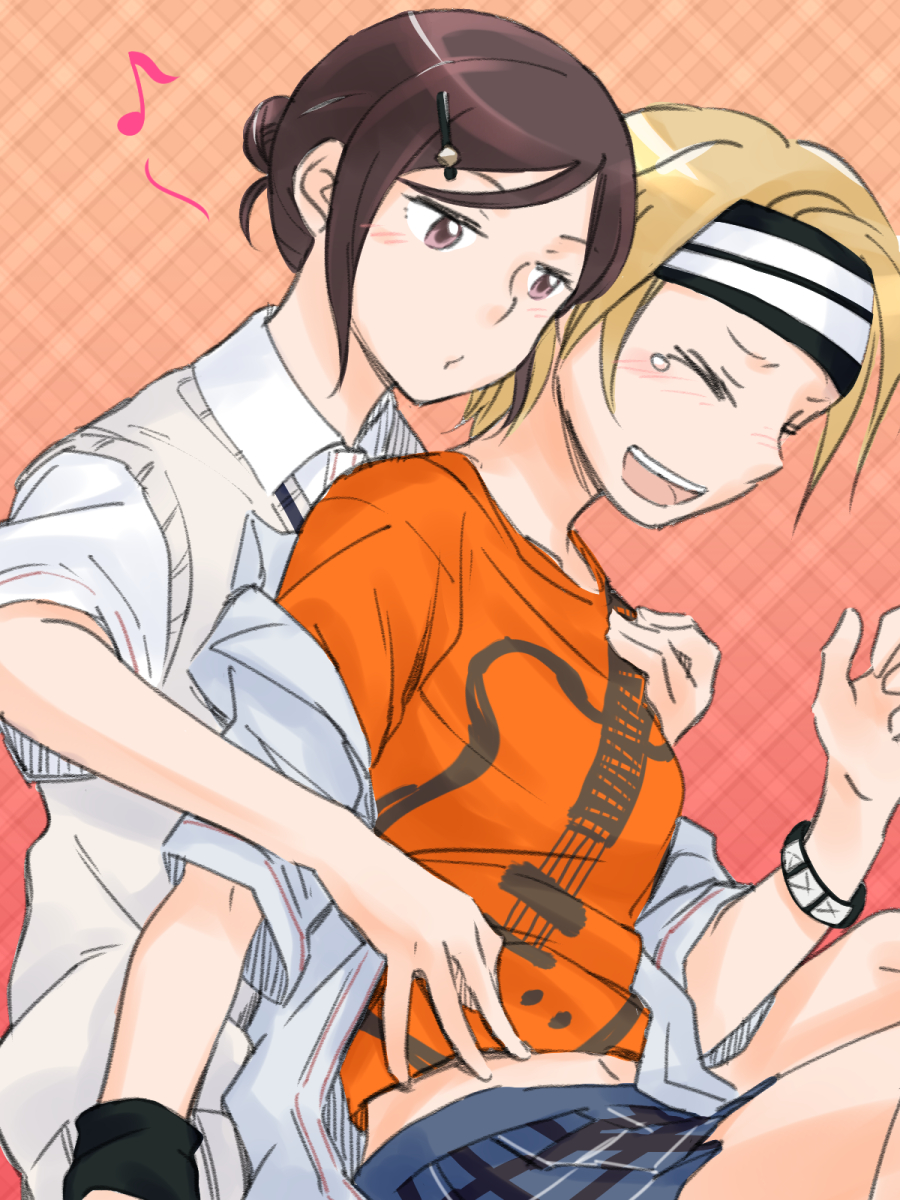 ariu_aki blonde_hair blush bracelet brown_hair collared_shirt couple guitar hair_bun happy headband highres instrument jewelry koba_youka laughing looking_at_another mukiki multiple_girls musical_note okujou_no_yurirei-san purple_eyes school_uniform shirt simple_background single_hair_bun skirt tears white_shirt yuri