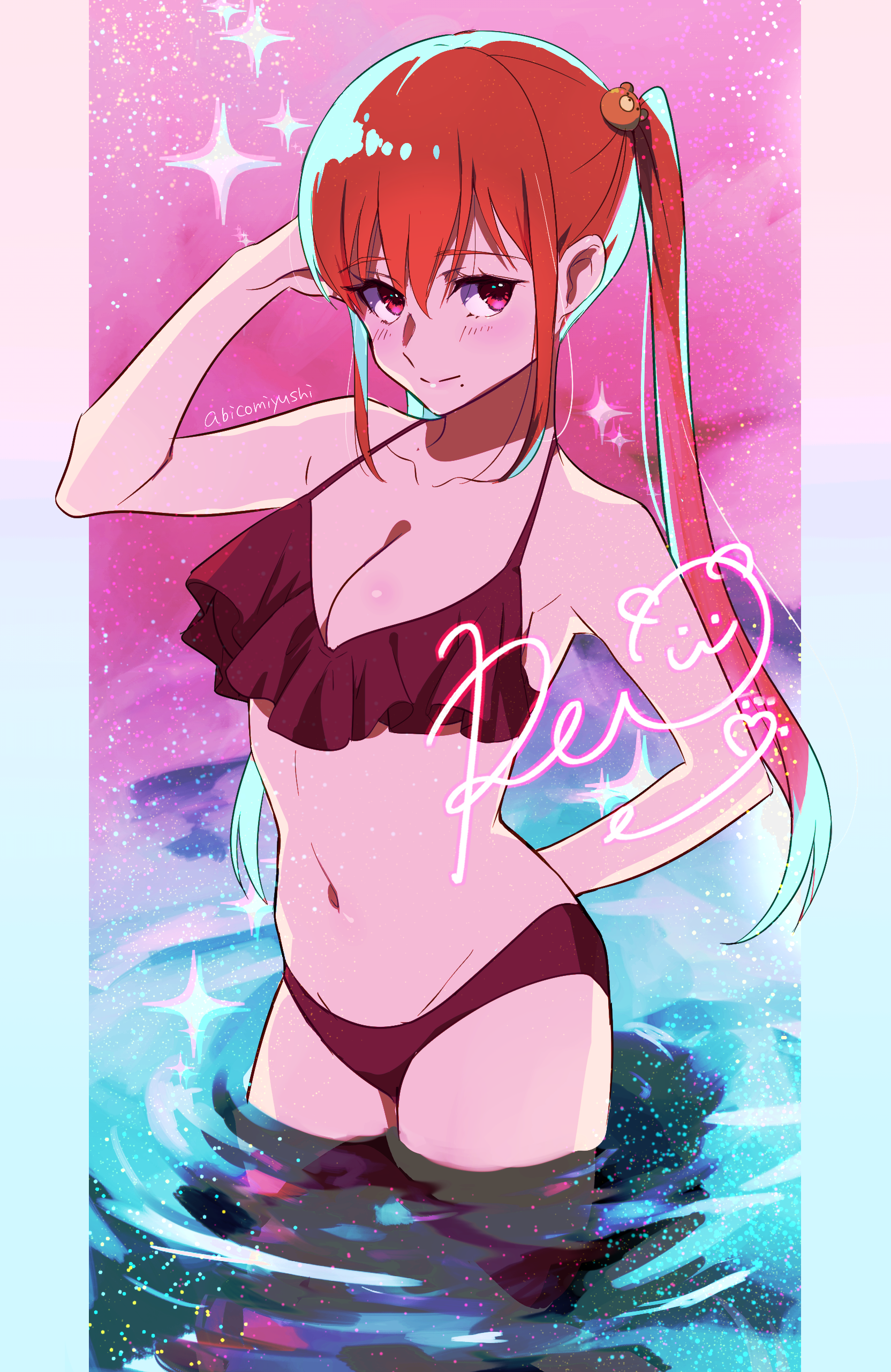 1girl abicomiyushi absurdres arm_behind_back artist_name bear_hair_ornament bikini black_bikini brown_hair character_name frilled_bikini frills hair_ornament hand_up highres igarashi_reo long_hair navel oshi_ga_budoukan_itte_kuretara_shinu ponytail red_bikini red_eyes ripples solo swimsuit wading