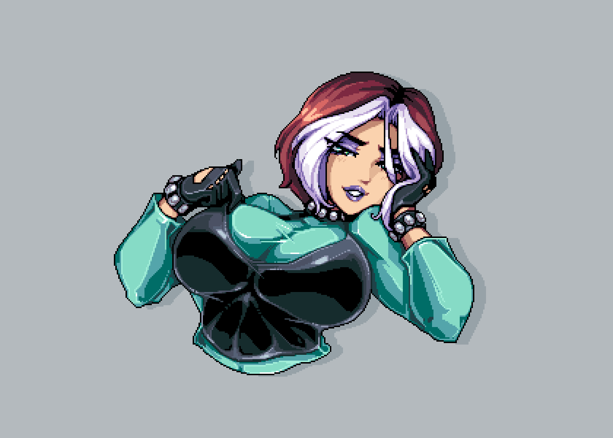 1girl black_gloves blouse bracelet breasts brown_hair choker clothes_pull commentary dih_pixels colored_bangs english_commentary gloves head_rest jewelry large_breasts lipstick looking_at_viewer makeup marvel multicolored_hair pixel_art pulling_own_clothes rogue_(x-men) see-through_clothes see-through_shirt shirt shirt_pull short_hair simple_background solo spiked_bracelet spiked_choker spikes two-tone_hair upper_body white_hair x-men x-men_evolution
