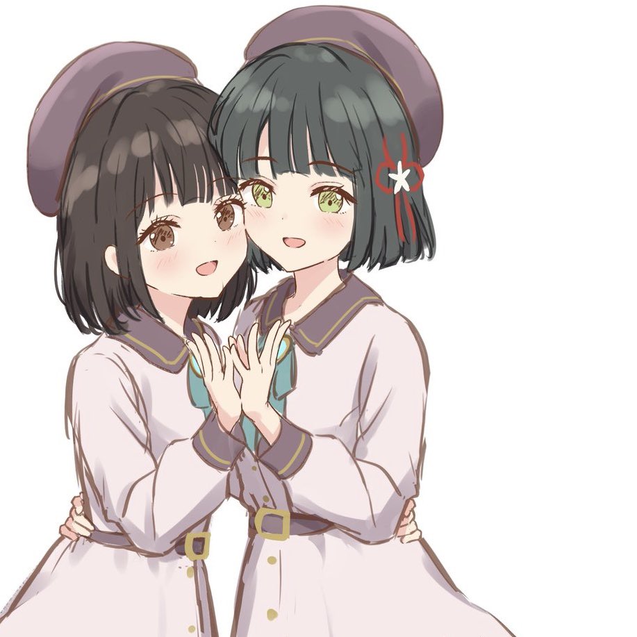 2girls :d animification black_hair blunt_bangs blunt_ends blush bob_cut brown_eyes brown_hair cheek-to-cheek collared_dress commentary_request contrast_collar dream_believers dress flower flower_hands flower_hands_duo flower_knot flower_stand_art green_eyes green_ribbon hair_flower hair_ornament hanazora_satsuki hand_on_another&#039;s_hip heads_together link!_like!_love_live! long_sleeves looking_at_viewer love_live! medium_hair momose_ginko multiple_girls neck_ribbon open_mouth pink_dress real_life ribbon sakurai_hina second-party_source short_hair simple_background smile virtual_youtuber voice_actor voice_actor_connection white_background