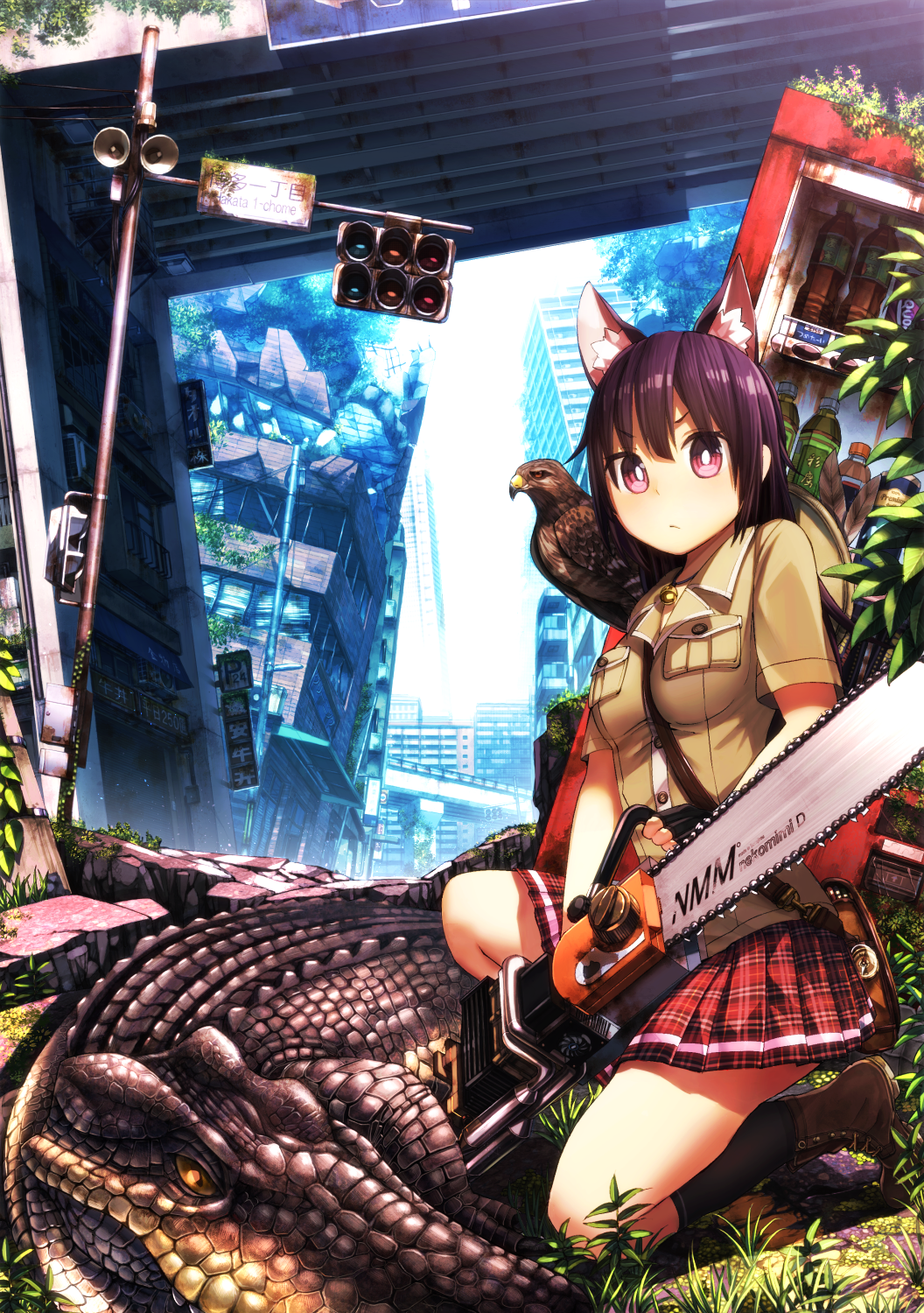 1girl animal animal_ears animal_on_shoulder bad_id bad_pixiv_id bird bird_on_shoulder black_hair cat_ears chainsaw crocodilian falcon female_focus highres long_hair namamizu000 on_one_knee original outdoors pleated_skirt red_eyes ruins short_hair skirt solo traffic_light vending_machine