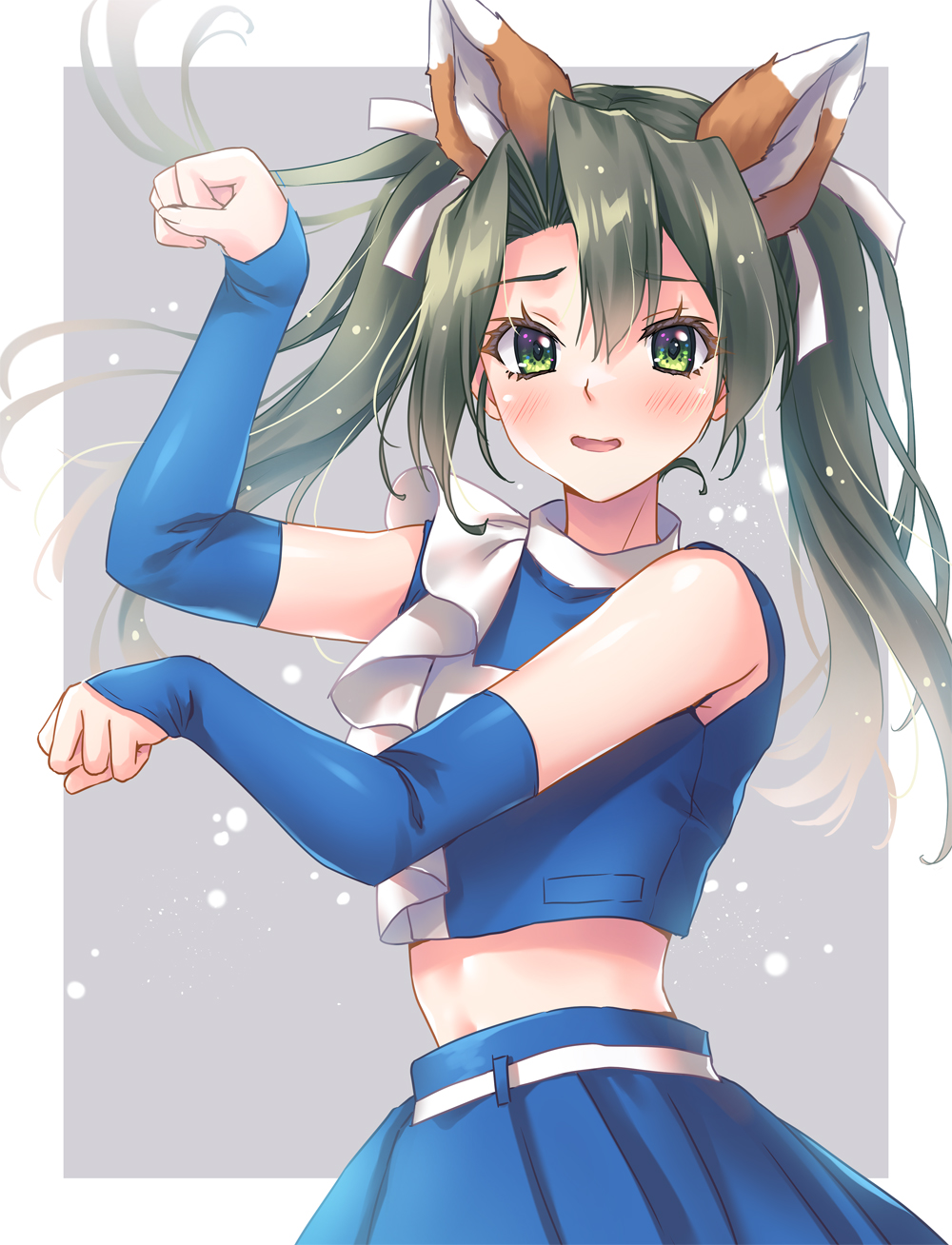 1girl animal_ear_fluff animal_ears blue_skirt blush cheerleader fake_animal_ears fox_ears green_eyes green_hair hair_between_eyes hair_ribbon highres hokkaido_nippon-ham_fighters kantai_collection kitsune_dance long_hair looking_at_viewer minakami_nagara nippon_professional_baseball open_mouth pleated_skirt ribbon skirt solo tagme twintails upper_body white_ribbon zuikaku_(cheerleader)_(kancolle) zuikaku_(kancolle)