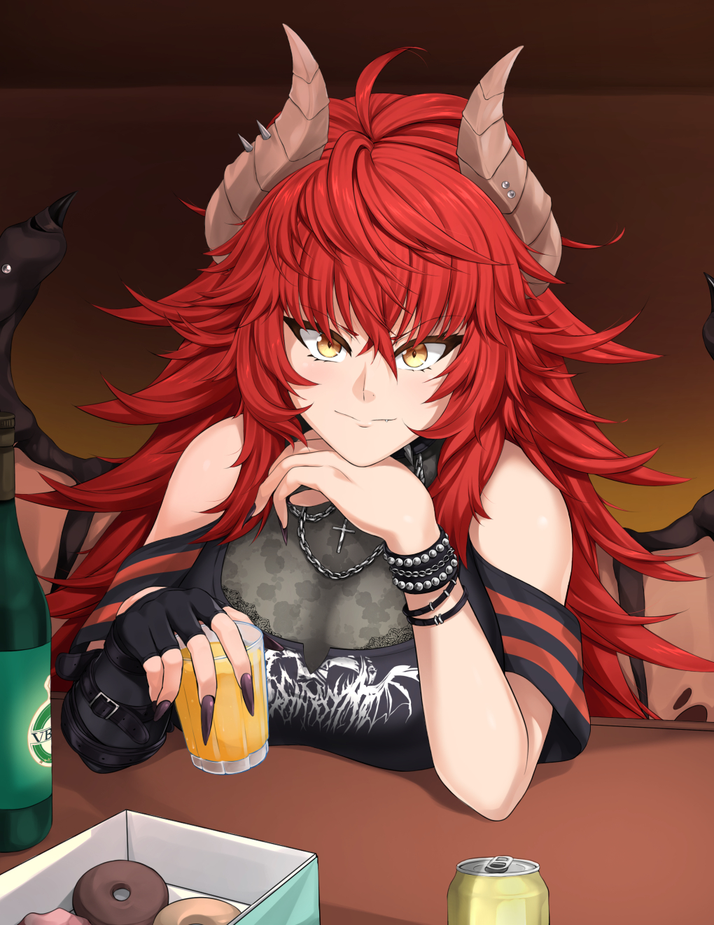 1girl black_gloves black_nails black_shirt breasts cleavage cup donut dragon_girl dragon_horns dragon_wings fingerless_gloves food gloves head_rest highres holding holding_cup horns large_breasts looking_at_viewer nail_polish red_hair shirt single_glove smile solo spiked_hair virtual_youtuber vshojo wings yellow_eyes yomitrooper zentreya zentreya_(dragon) zentreya_(dragon)_(metalheads) zentreya_(dragon)_(metalheads)