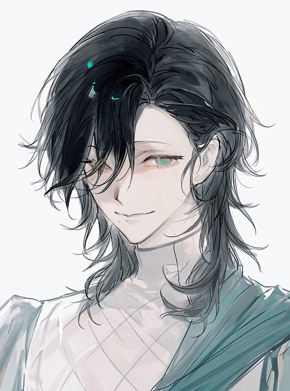 1boy black_hair blue_eyes cape chest_strap chinese_commentary closed_mouth green_cape hair_over_one_eye happydog922 identity_v long_hair looking_at_viewer male_focus mole mole_under_mouth richard_sterling simple_background smile solo upper_body white_background
