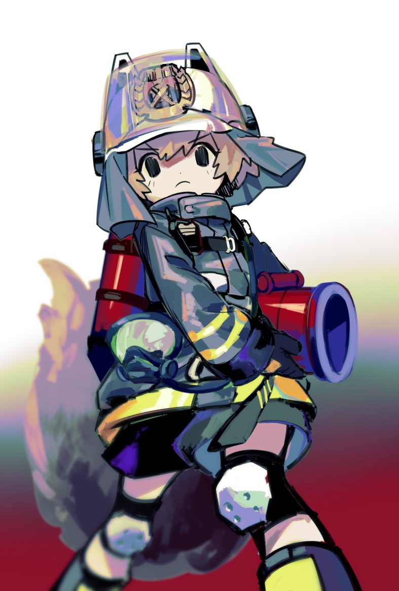 1girl arknights black_eyes black_footwear black_jacket black_shorts blurry blurry_background brown_hair empty_eyes feet_out_of_frame fire_extinguisher fire_helmet firefighter_jacket frown gradient_background holding ieiieiiei jacket knee_pads looking_at_viewer red_background serious shaw_(arknights) short_hair shorts solo white_background