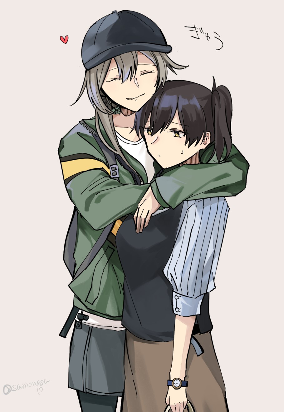 alternate_costume baseball_cap black_hair black_headwear black_pantyhose black_vest brown_skirt closed_eyes green_jacket grey_hair grey_shorts hair_down hat height_difference highres hug jacket kaga_(kancolle) kantai_collection long_hair official_alternate_costume official_alternate_hairstyle pantyhose samonasu17 shirt shorts skirt striped_clothes striped_shirt vest watch wristwatch zuikaku_(kancolle) zuikaku_(zuiun_festival)_(kancolle)