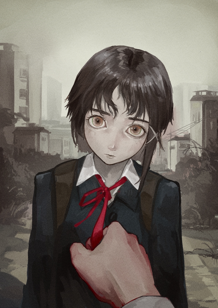 1girl asymmetrical_hair bin_jiang brown_eyes brown_hair closed_mouth commentary english_commentary hair_ornament iwakura_lain pov serial_experiments_lain short_hair single_sidelock x_hair_ornament