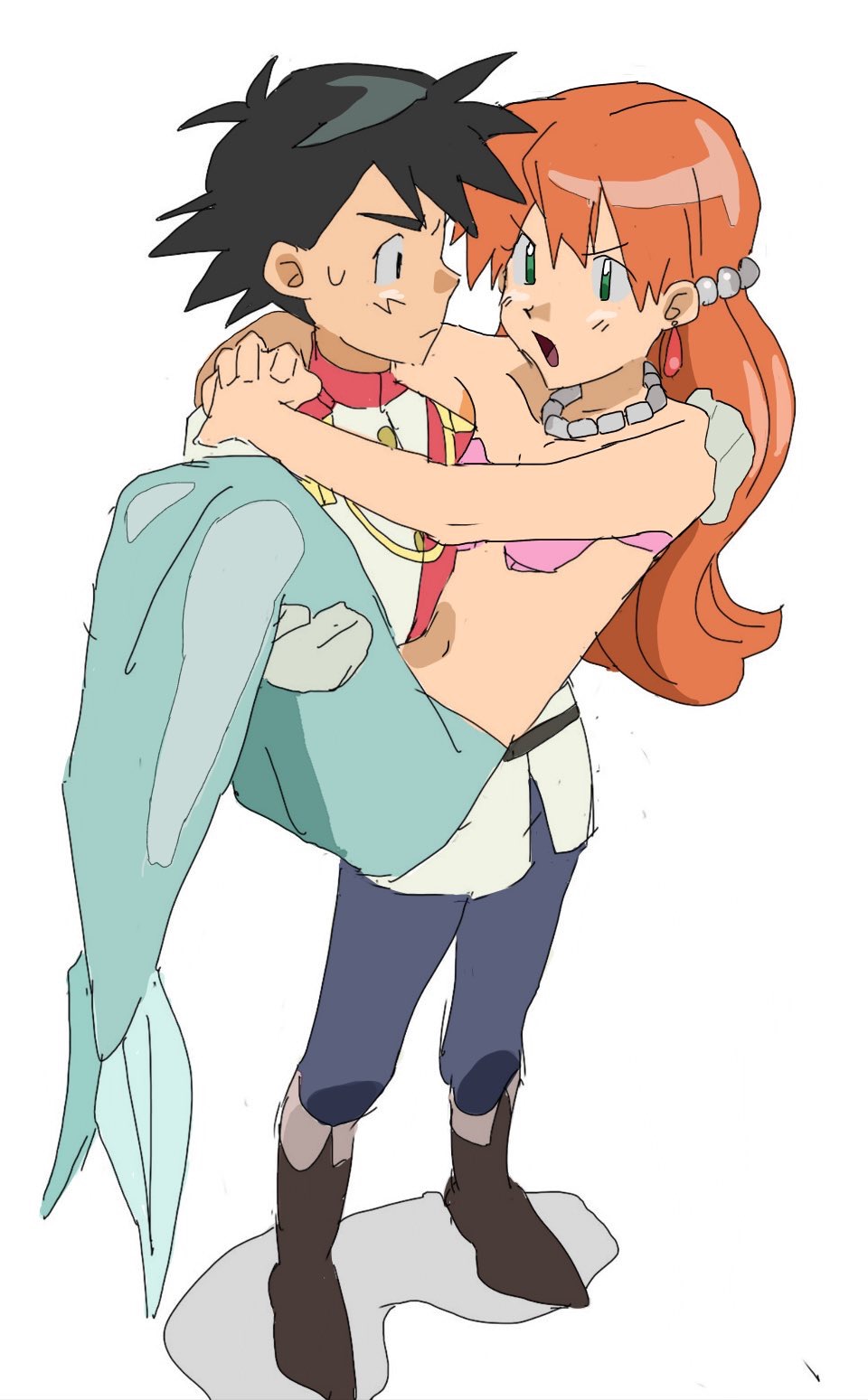 1boy 1girl alternate_costume alternate_hairstyle ash_ketchum black_eyes black_hair blue_pants carrying collarbone earrings eye_contact gloves green_eyes hair_down hair_ornament hands_on_another&#039;s_shoulders highres jewelry looking_at_another mermaid mermaid_misty_(pokemon) misty_(pokemon) monster_girl nashubi_(to_infinity_wow) necklace nintendo official_alternate_costume open_mouth orange_hair pants pokemon pokemon_(anime) pokemon_(classic_anime) pokemon_ep061 princess_carry shell shell_bikini standing white_background white_gloves
