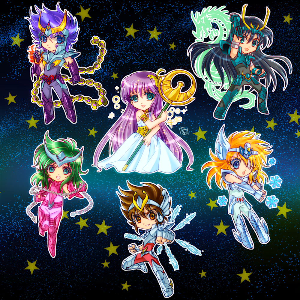 andromeda_shun aqua_eyes arm_up armor athena bad_id bad_pixiv_id bandage_over_one_eye black_hair blue_eyes boots brown_eyes brown_hair chain chibi circlet clenched_hands cygnus_hyouga dragon dragon_shiryuu dress fingerless_gloves gloves green_eyes green_hair long_hair open_mouth pegasus_seiya phoenix_ikki purple_hair saint_seiya smile staff star_(symbol) star_symbol_background tsukasaki_ryouko vambraces very_long_hair white_dress