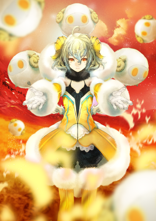 1boy ahoge apollo_(fate) asai_genji black_collar black_shorts boots closed_mouth cloud collar crossdressing detached_sleeves dress fake_horns fate/grand_order fate_(series) feet_out_of_frame fur-trimmed_boots fur-trimmed_dress fur-trimmed_sleeves fur_collar fur_trim game_cg gloves green_hair hair_between_eyes halter_dress halterneck hands_up high-low_dress horns long_sleeves looking_at_viewer male_focus medium_hair official_art orange_boots paris_(fate) puffy_shorts red_background red_eyes red_sky sheep sheep_horns short_dress shorts sky sleeveless sleeveless_dress solo spaghetti_strap standing straight-on stuffed_animal stuffed_toy thigh_boots third-party_source too_many trap variant_set white_gloves yellow_dress yellow_sleeves