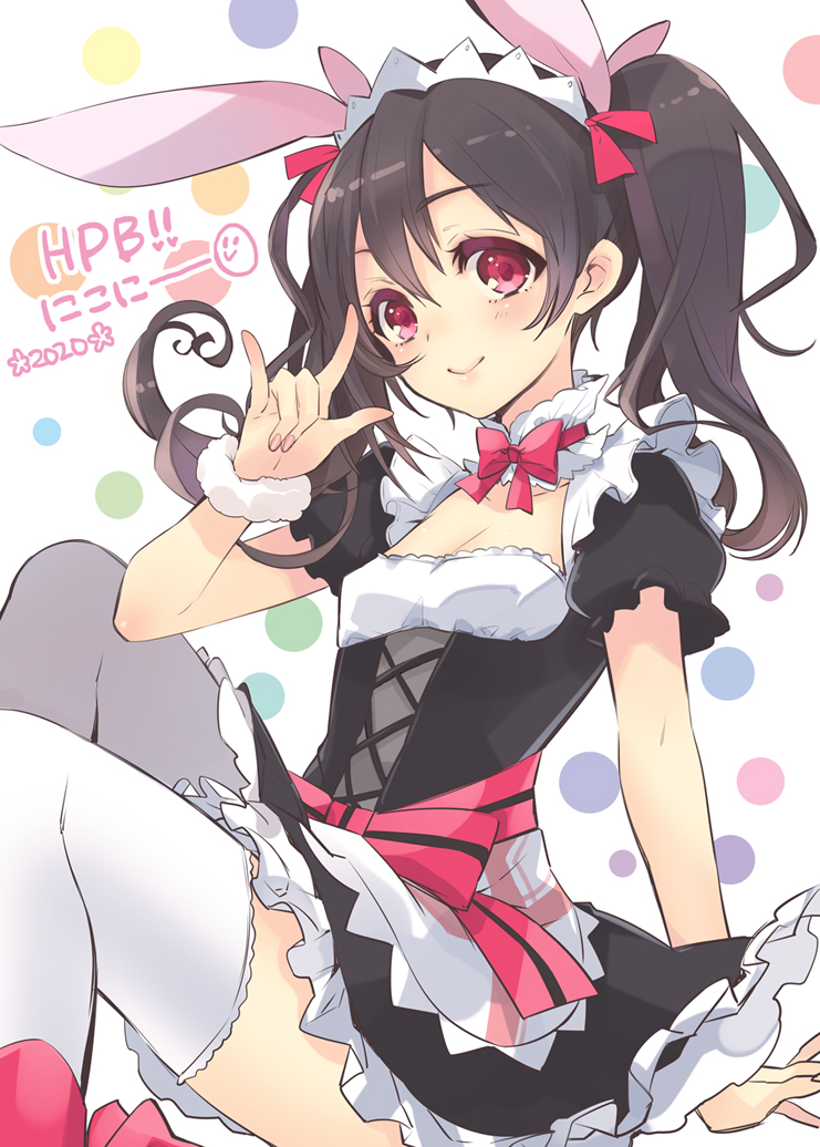 1girl animal_ears apron artist_name artist_request bare_legs black_dress black_hair black_skirt blush bow breasts cleavage cleavage_cutout clothing_cutout collarbone cowboy_shot cross-laced_clothes cross-laced_dress detached_collar dres dress female_focus frilled_dress frills hair_bow hair_ribbon ito_noizi lace_trim looking_at_viewer love_live! love_live!_school_idol_project m/ maid maid_apron maid_headdress mogyutto_&quot;love&quot;_de_sekkin_chuu! neck_ribbon pink_shoes pleated_dress puffy_short_sleeves puffy_sleeves rabbit_ears red_bow red_eyes red_ribbon ribbon scrunchie shoes short_hair short_sleeves sidelocks sitting skirt small_breasts smile solo twintails white_apron white_legwear white_scrunchie wrist_cuffs wrist_scrunchie yazawa_nico