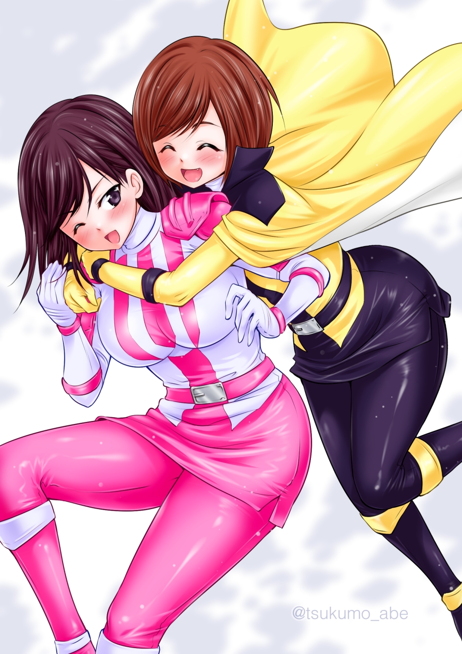 2girls abe_tsukumo bodysuit breasts brown_eyes brown_hair cape hayami_umika highres hug kaitou_sentai_lupinranger_vs._keisatsu_sentai_patranger lupinyellow multiple_girls myoujin_tsukasa open_mouth patren_#3 pink_bodysuit smile super_sentai tokusatsu yellow_bodysuit yuri