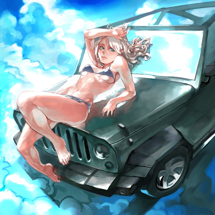 1girl bikini blonde_hair car female_focus green_eyes jeep_wrangler military_jeep motor_vehicle original solo swimsuit touge_(kubiwa_tsuki)